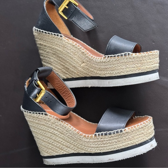 See By Chloe Shoes - See By Chloe Black Leather Espadrille Wedge Sandal with Gold Buckle